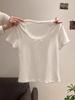 Deseo Puro Encaje Costuras Cuello Cuadrado Clavícula Adelgazante Manga Corta Camiseta para Mujer Verano Único Top con Lazo Interior