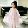 Nuevo vestido de otoño estilo coreano para niñas, vestido elegante y hermoso con malla y lazo para niñas pequeñas