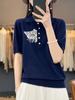 Primavera y verano nuevo jersey de punto para mujer, cuello POLO, gato bordado, suelto, de punto, manga corta, chaleco, camisa de fondo, top de media manga