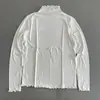 Camiseta fina de otoño nueva para mujer, de manga larga, cuello alto con volantes, color liso, corte ajustado, top versátil en varios colores