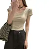 Ombro Direito Decote U Clavícula Exposta Manga Curta Cor Pura Camiseta Feminina Verão Nova Justa Curta Design Interno Top Ins Trend