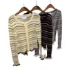 Cardigan de Lana de Punto con Borde Rayado Estilo Perezoso Coreano Ins Primavera y Otoño Nuevo Estilo Chaqueta Pequeña
