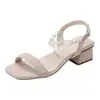 Sandalias de Tacón Grueso para Mujer, Nuevo Estilo Versátil Otoño 2026 con Tira de Perlas, Moda de Tacón Alto Estilo Hada Fresco de Tacón Medio