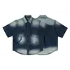 Camisa Jeans de Manga Curta Workwear com Lavagem Degradê Estilo Americano Qilin para Homens, Marca Tendência Unissex de Verão Estilo de Alta Inteligência