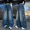 Jeans para Niña 2026 Otoño Nuevo Estilo para Niños Medianos y Mayores Estampado de Estrellas Patchwork Pantalones de Pierna Ancha Pantalones Tijera Pantalones para Niños