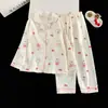Conjunto de ropa de casa para niños con cuello de solapa, adecuado para primavera y otoño, fino y ligero, cárdigan de manga larga, estilo coreano, pijama de algodón con estampado de nubes para niñas