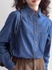 Camisa Jeans Azul Escuro Vintage de Ombro Reto para Mulheres, Estilo para Sobrepor, Nova Peça Suave para Outono e Inverno 2024, Petite, Atacado