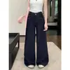 Calça Jeans Larga Azul Escuro Estilo Americano para Mulheres, Petite, Cintura Alta, Emagrecimento, Caimento Fluido, Casual, Calça Reta Comprimento Total