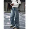 Jeans desconstruído estilo americano, com lavagem, corte curvo, para homens, calças casuais retas com vibe de verão, calças largas da moda