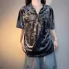 Camiseta Casual Unissex de Verão Cor Caqui Veludo Cetim Gola V Manga Curta Ombro Normal Niche Luxo High-End Meia-Manga