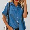 Camisa de Mezclilla Fina de Manga Corta para Mujer, Comercio Transfronterizo, Cuello Campana, Mangas Enrolladas, Doble Bolsillo, Camisa Casual Holgada al por Mayor