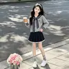 Conjunto de suéter para niña, colección de otoño, con un dulce moño y cárdigan de punto a rayas, adecuado para niños de talla mediana a grande, perfecto como prenda exterior para primavera y otoño