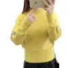 Suéter feminino de malha com gola alta e mangas compridas para outono e inverno, blusa de tricô feminina estilo coreano bordada com pequenas flores