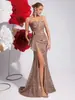 Estilo Nuevo Europeo y Americano Vestido de Noche con Tirantes de Lentejuelas Color Champaña Corte Ajustado Abertura Anfitrión de Banquete Fiesta Anual Vestido de Sirena de Lujo Ligero