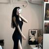 Vestido negro sin mangas con abertura alta para mujer, vestido sexy de estilo Spice Girl, de verano, con figura delgada y favorecedor, con bolso y mangas.