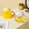 Taza de vidrio con tapa de animal de dibujos animados lindos, taza de agua de cerámica de alta estética para niñas, taza a juego para parejas, taza para beber de oficina