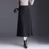 Falda de Cachemira Elástica en la Cintura Línea A para Mujer 2026 Otoño/Invierno Nueva Cintura Alta que Cubre la Cadera Longitud Media Elegante Falda de Dobladillo Ancho