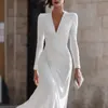 2026 Superventas de Amazon Vestido Blanco Europeo y Americano de Cuello en V Fruncido de Manga Larga Ajustado
