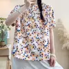Camisa Estampada de Manga Curta Estilo Pastoral para Mulheres no Verão, Solta, Emagrecedora, Versátil, Blusa que Rejuvenesce, Pulôver Floral de Três Botões