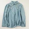 Camisa de Mezclilla Lavada Bordada de Manga Larga para Mujer, Estilo Artista Nuevo de Primavera y Otoño, Top Lindo con Botones al Frente que Reduce la Edad