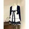 Vestido de pastel abullonado con estampado de lunares en la correa, bordes con volantes, falda de cuadros y cárdigan de manga larga para mujer, disponible en stock, color medianoche, 'sweetheart girl'