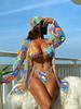 2025 Verano Transfronterizo Nuevo Sexy Europeo y Americano Bikini Playa Estampado Chal Malla Traje de Baño de Tres Piezas para Mujer