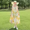 Vestido de algodón y seda floral, estilo joven nuevo, estilo vacacional en la playa, vestido tipo tank sin mangas, vestido largo de temperamento bohemio