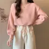 Suéter casual simples de cor sólida estilo coreano para mulheres baixinhas, moda outono e inverno, gola redonda, cordão, tricô pulôver solto, moderno
