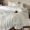 Falda de Cama Blanca Pura Estilo Francés Flor Cortada Hada Algodón Lavado Juego de Cuatro Piezas Encaje Plisado Algodón Encriptado Ropa de Cama
