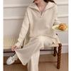 Outono e Inverno Nova Chegada Zipper Camisola Casual Moda Esportes Terno de Malha Duas Peças De Cintura Alta Andar Esfregando Calças Largas Set