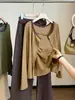 Popular conjunto de dos piezas para mujer con camisola de rayas estilo coreano y cárdigan de punto, nuevo conjunto de tops casuales versátiles de otoño