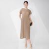 Vestido Miyake para Mujer, Verano, Gama Alta, Tallas Grandes, Adelgazante, Texturizado, Color Sólido, Cuello Redondo, Mangas Cortas, Corte Holgado, Elegante, Vestido de Largo Medio