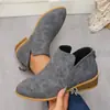 Botas de cuero de tacón grueso para talla grande, adelgazantes, con cremallera trasera, estilo europeo y americano, color liso, botines para mujer, botines cortos de cuero con punta