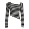 Camiseta Casual Europea y Americana de Rayas Blancas y Negras de Manga Larga Dobladillo Asimétrico Cuello Inclinado Slim Ombliguera para Mujer Top Básico Fuera del Hombro