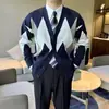 Cárdigan de punto con patrón de rombos estilo coreano para hombre, corte relajado, chaqueta suéter ligeramente holgada, chaqueta casual estilo "old money" japonés para hombre