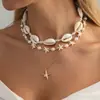 Collar Clavícula con Colgante de Concha Marina y Estrella de Mar Estilo Oceánico Europeo y Americano Collares en Capas de Perlas Sintéticas y Conchas para Vacaciones en la Playa