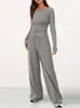 Amazon Comercio Exterior Transfronterizo Conjunto de 2 Piezas de Color Sólido con Bolsillo de Cordón para Mujer Europea y Americana Top de Manga Larga Pantalones Casuales Rectos