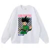 Marca de moda urbana Camiseta de cuello redondo Lavada desgastada Manga corta Estampado de personaje de anime Holgada Oversize Manga larga