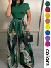 Conjunto de Pantalones Casuales de Pierna Ancha Estampados para Mujer de Moda Transfronteriza Europea y Americana + Camiseta de Manga Corta de Verano