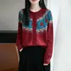 Cardigã Jacquard Fair Isle Color Block Retrô com Gola Redonda para Mulheres, Suéter de Tricô de Manga Longa para Primavera e Outono, Casaco Grosso Solto para Mulheres