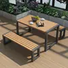 Conjunto de mesa e cadeiras de plástico-madeira para exterior para varanda, pátio, mesa e banco longos de lazer, parque, jardim, terraço, mesa e cadeira anticorrosivas de plástico-madeira