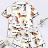 Cardigan Cruzado Europeu e Americano de Seda Leiteira Pijama Estampado de Cor Clara para Mulheres Conjunto de Roupa de Casa Casual Respirável com Shorts de Manga Curta
