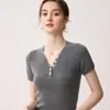Simples e elegante~Suéter feminino de gola V de manga curta 100% caxemira pura botões malha canelada macia slim fit