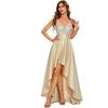 Vestido de fiesta línea A con cuello en V profundo de comercio exterior europeo y americano, corto por delante y largo por detrás, cintura alta, doble hombro, para anfitrión, examen de arte, falda larga