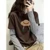 Camiseta de Manga Longa Patchwork Listrada Falsa de Duas Peças Feminina Moda de Alto Padrão Versátil Cinza Tamanho Grande Estilo Casual Top Outono