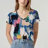 Verão 2025 Cruzamento de Fronteiras Europeu e Americano Novo Estilo Peça Única Personalizada Estampa de Gato Manga Curta Gola V Top Moda e Fofo Camiseta para Mulheres