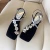 Novas Sandálias Femininas de Moda de Alto Nível, de Uma Tira, Florais, de Bico Quadrado, Sapatos Romanos Simples e Exquisitos