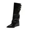 Botas largas para mujer con punta fina, tacón alto, hebilla de cinturón, estilo otoño, ajustadas, vintage, estilo motociclista, tacón de cuña de moda