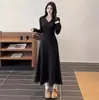 Vestido de Punto Negro de Manga Larga para Mujer, Estilo Maduro y Sencillo, Otoño/Invierno, Ceñido a la Cintura, Adelgazante, Elegante, Falda Larga
