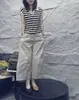 267681 Xinda Ai Mei Yiyuan Moda Verano 2026 Camiseta Rayada Elegante con Cuello y Pantalones Casuales de Pierna Ancha para un Look Adelgazante